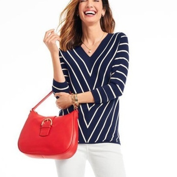 Talbots Sweaters - Talbots Womens Navy Blue White Striped Chevron V-Neck Knit Sweater Preppy Size S